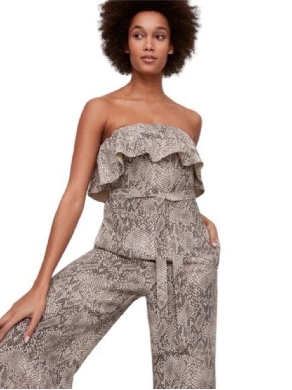 Aritzia Babaton Altamiro Snakeskin Strapless Ruffle Jumpsuit Size 10 NWOT Autumn